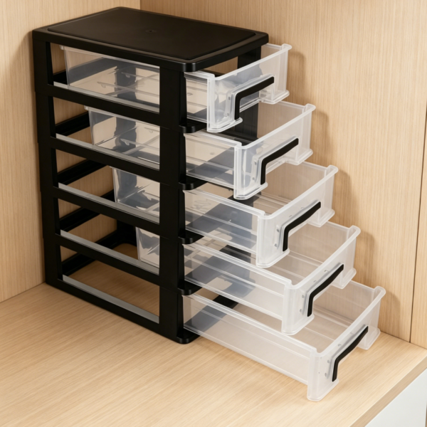 5-Tier Black Plastic Cabinet with Clear Drawers