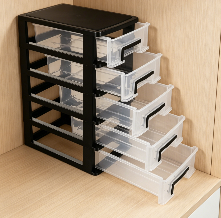 5-Tier Black Plastic Cabinet with Clear Drawers