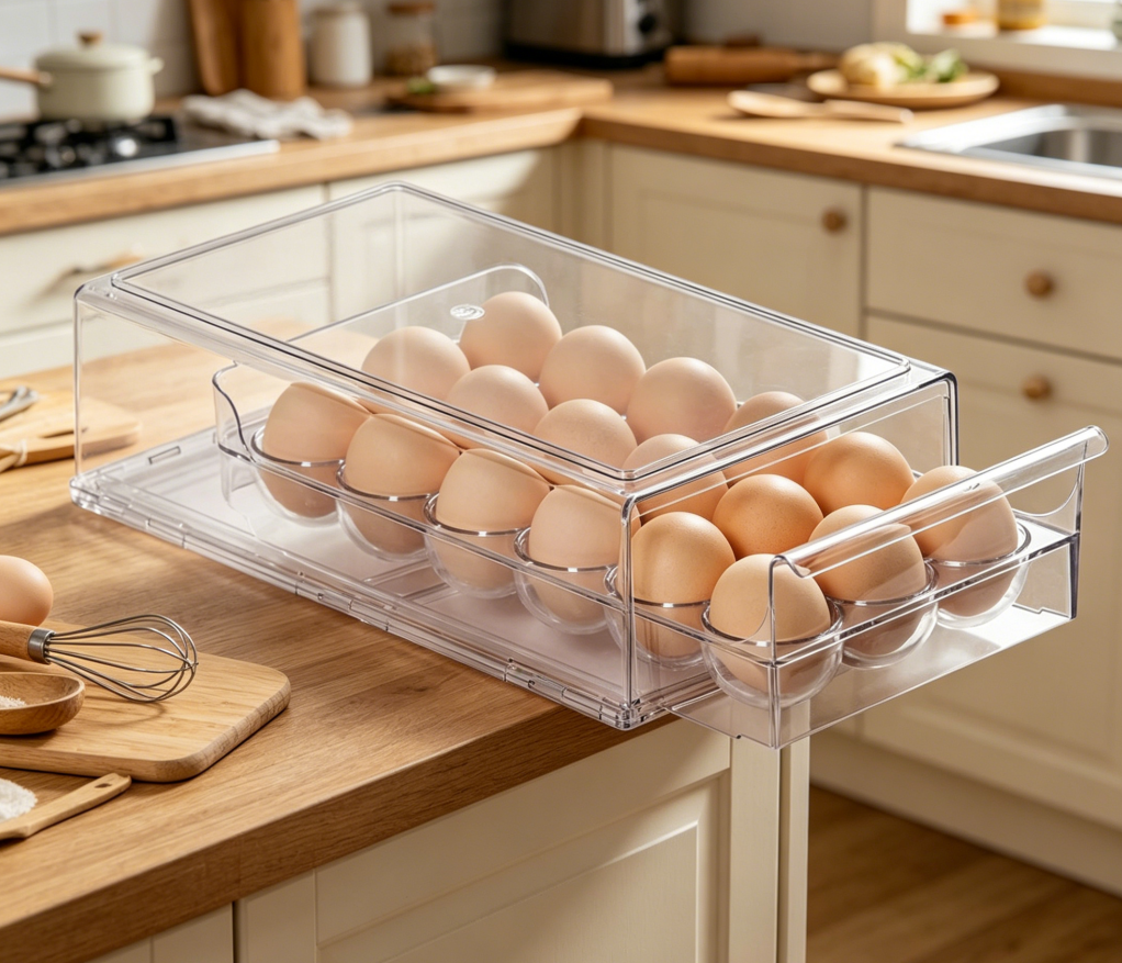 Stackable 18-Egg Fridge Drawer with Transparent Case