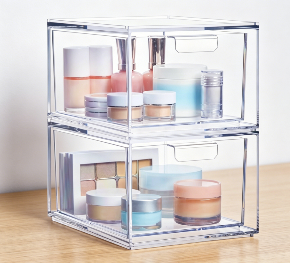 2-Piece Stackable Clear Bins for Vanity Cosmetics