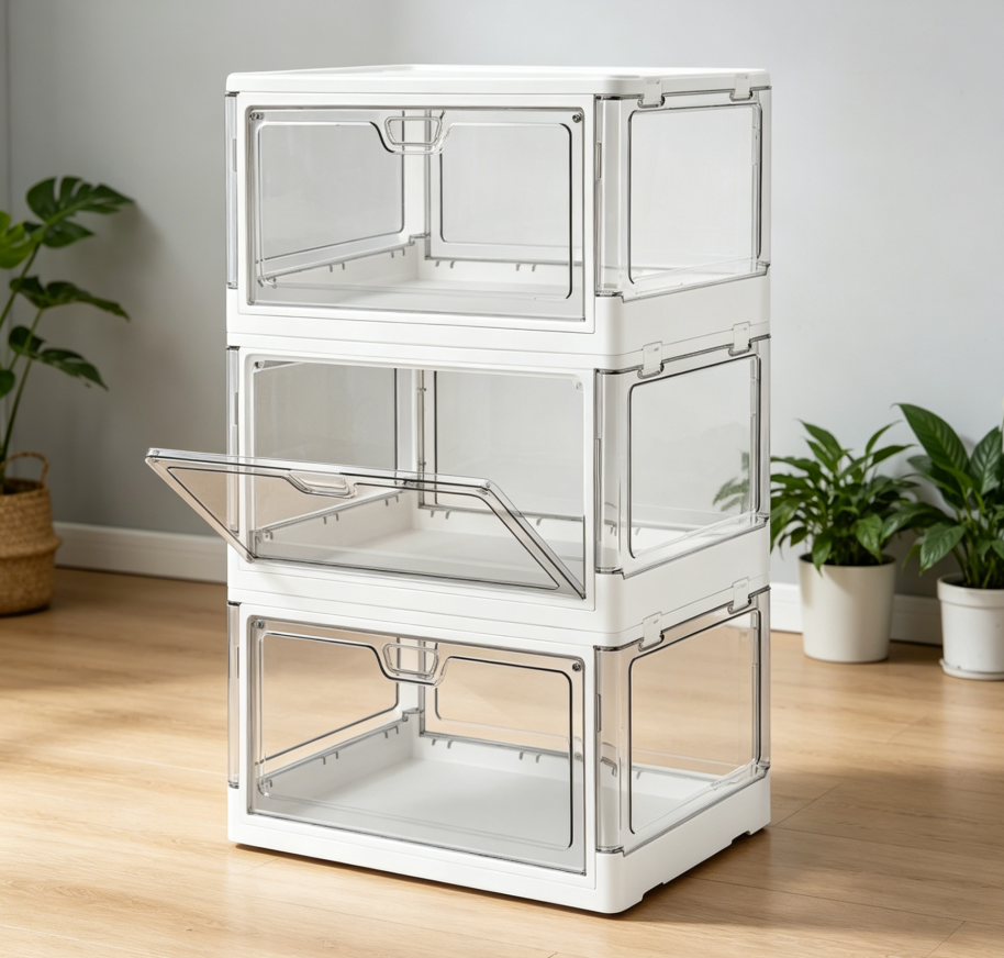 3-Pack 22.7L Clear Magnetic-Door Collapsible Stackable Bins