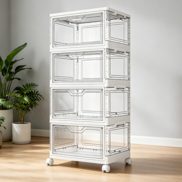 4-Tier 21.8L Transparent Bins on Wheels with Magnetic Doors