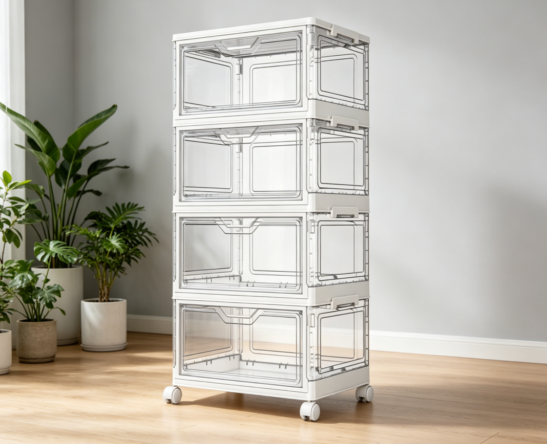 4-Tier 21.8L Transparent Bins on Wheels with Magnetic Doors