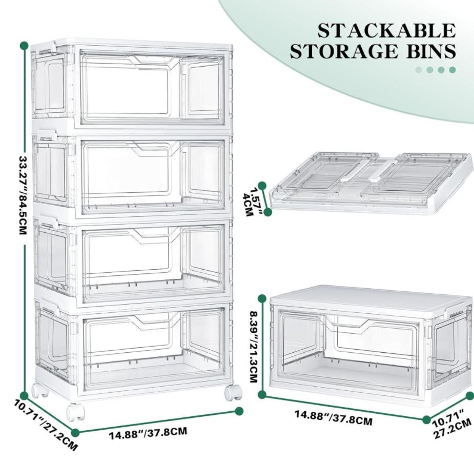 4-Tier 21.8L Transparent Bins on Wheels with Magnetic Doors - Image 2