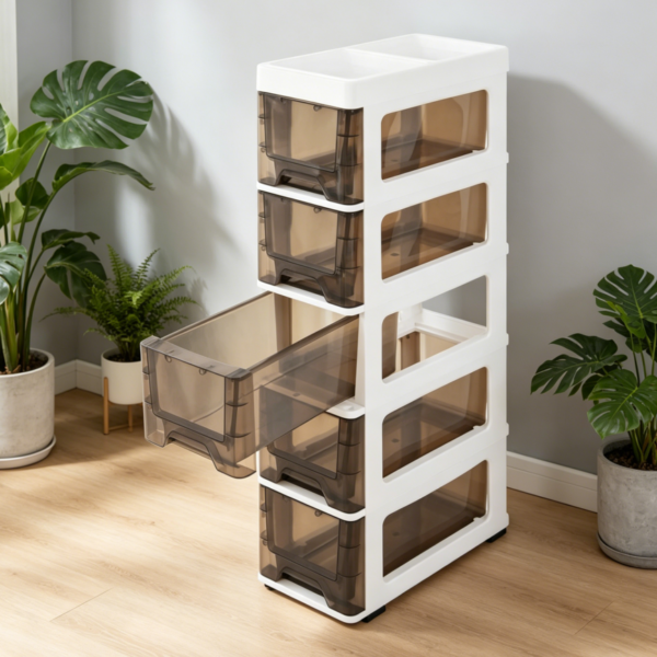 Slim 5-Drawer Mobile Cabinet with Top Shelf (White/Black)