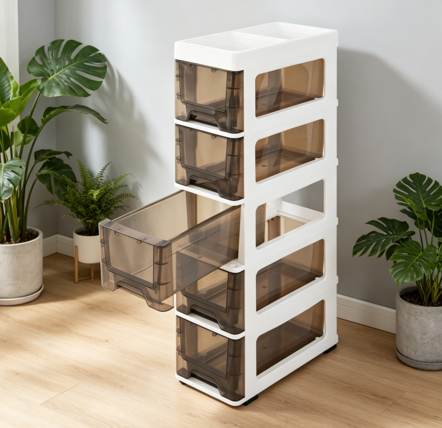 Slim 5-Drawer Mobile Cabinet with Top Shelf (White/Black)