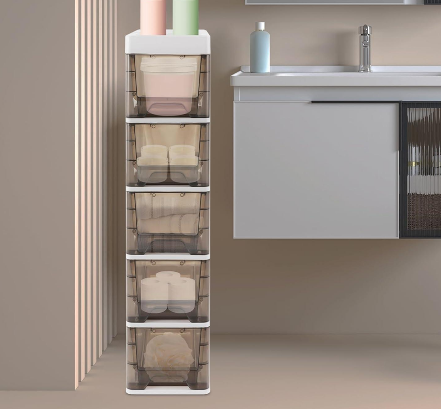 Slim 5-Drawer Mobile Cabinet with Top Shelf (White/Black) - Image 2