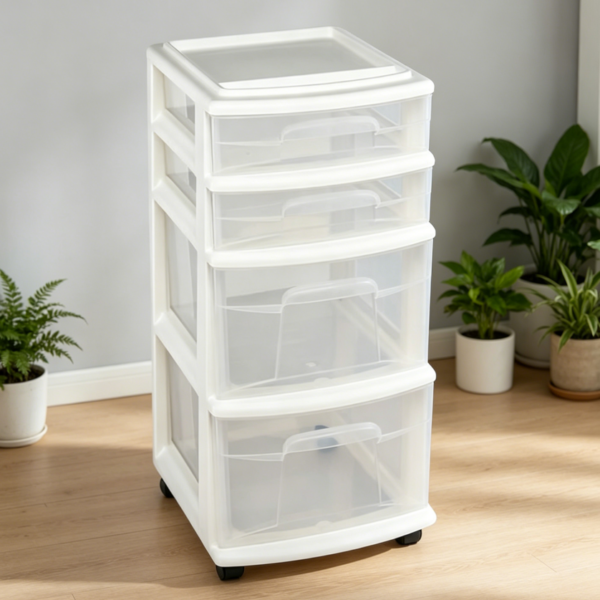 4-Tier White Rolling Drawer Cart for Desks & Offices