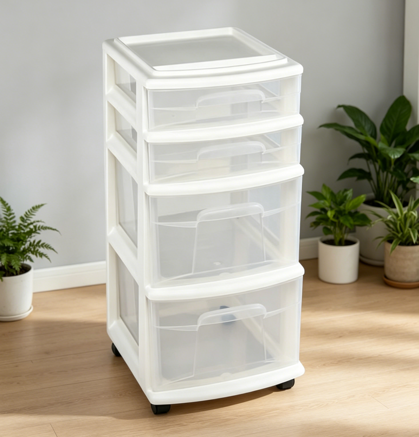 4-Tier White Rolling Drawer Cart for Desks & Offices