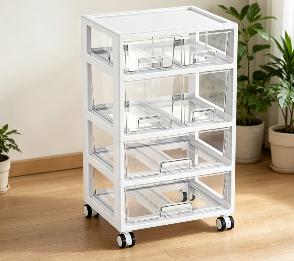 4-Tier 6-Drawer Transparent Unit on Wheels