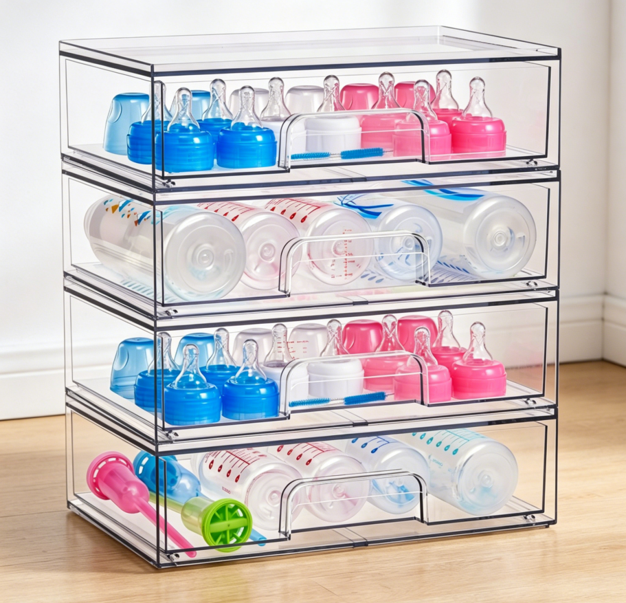 4-Pack Wide Stackable Acrylic Drawers for Cabinets